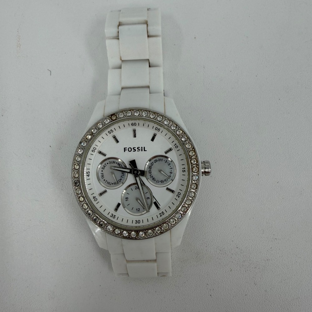 Fossil Stella White‎ Resin Crystal Bezel Multifunction Watch ES1967 Mens Womens